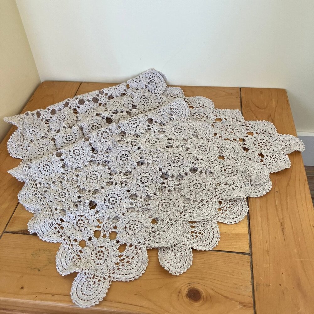 Hand Crochet Table Runner Vintage Beige Cotton Crocheted Lace 15x50 Scallop Edge